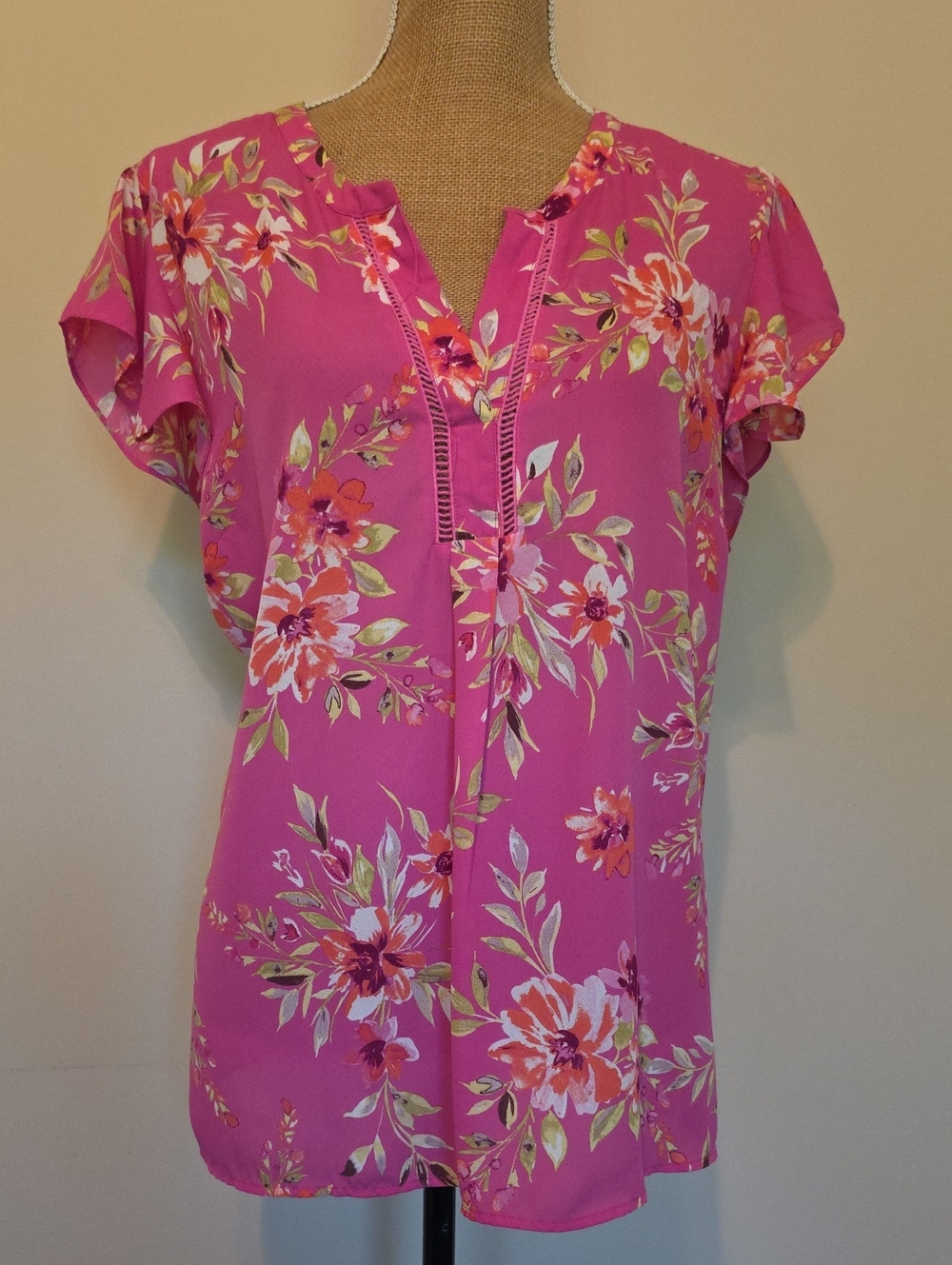 DR2 Pink Floral V-Neck Short Sleeve Blouse